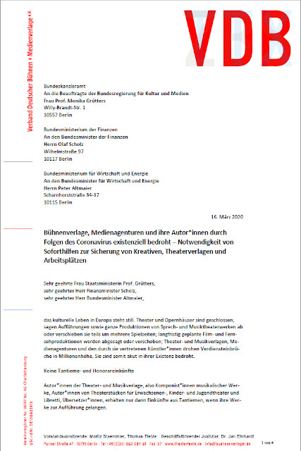 OFFENER BRIEF DES VERBANDES DEUTSCHER BÜHNEN- UND MEDIENVERLAGE – Notwendigkeit von Soforthilfen zur Sicherung von Kreativen, Theaterverlagen und Arbeitsplätzen